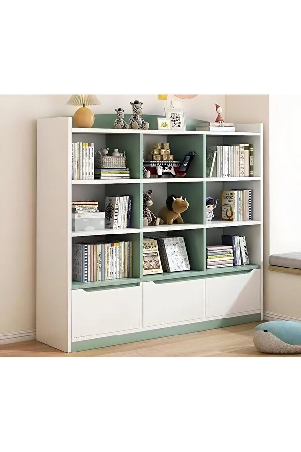 Modern Kids Storage Bookshelf, 4-Tier Open Shelving Unit with Bottom Drawers, Multi-Purpose Display