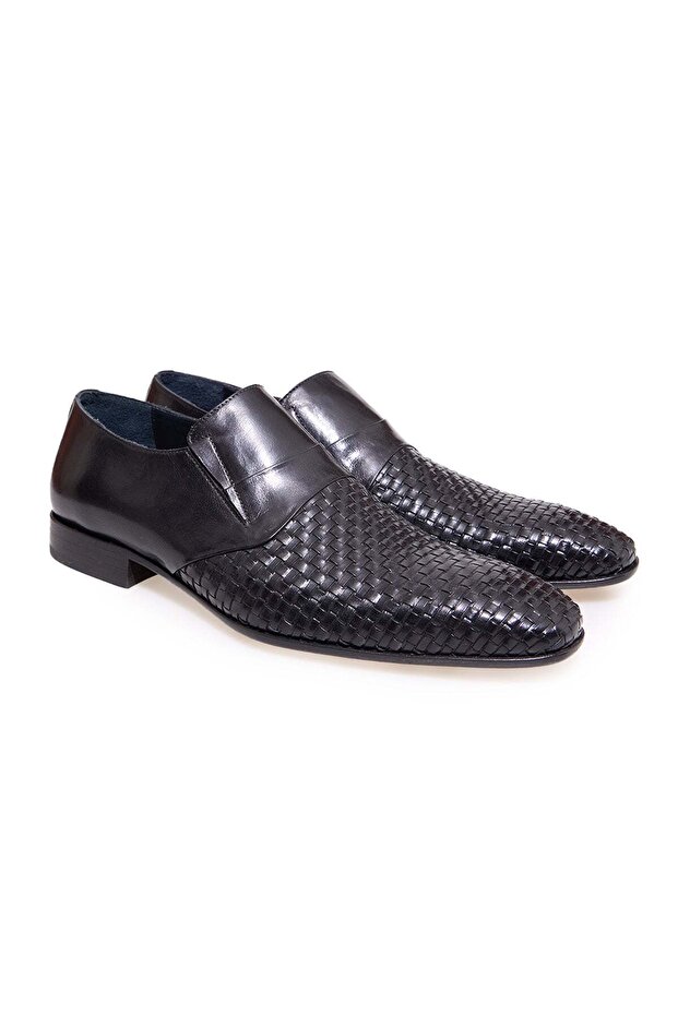 Black Color Laceless Genuine Knitted Leather Men's Shoes