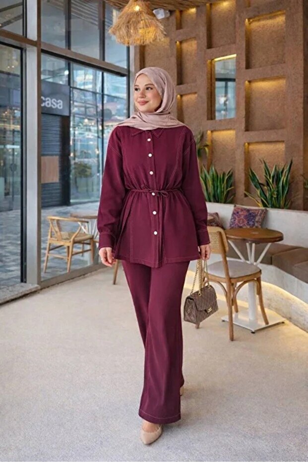 Belted Button Stitching Detailed Shirt Collar Double Suit