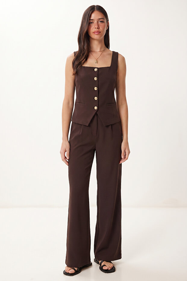Gold Buttoned Woven Vest-Pants Set Laz0004 Brown