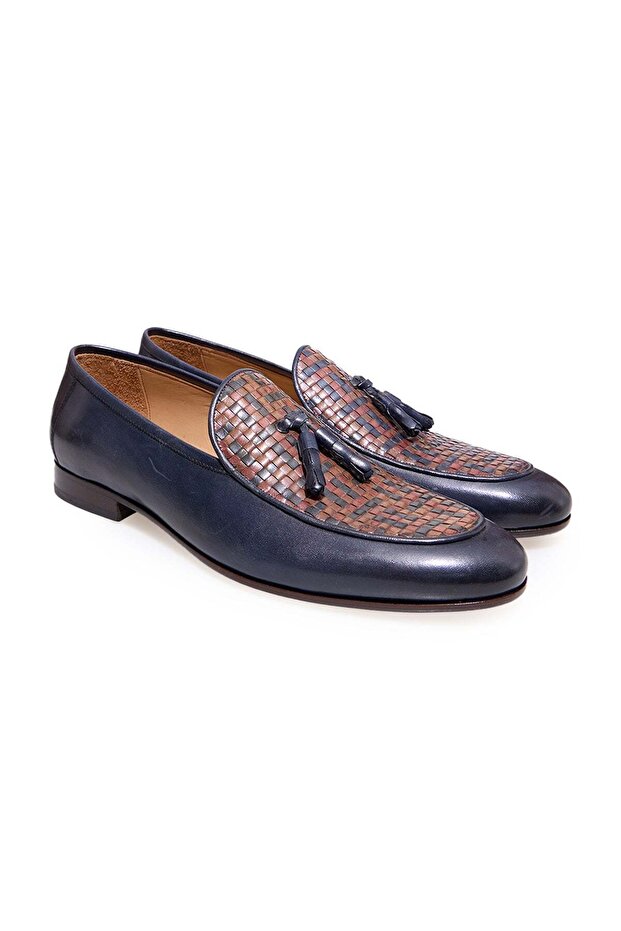 Dark Blue Color Laceless Genuine Leather Leather Sole Mirror-Plated Knitted Men's Shoes