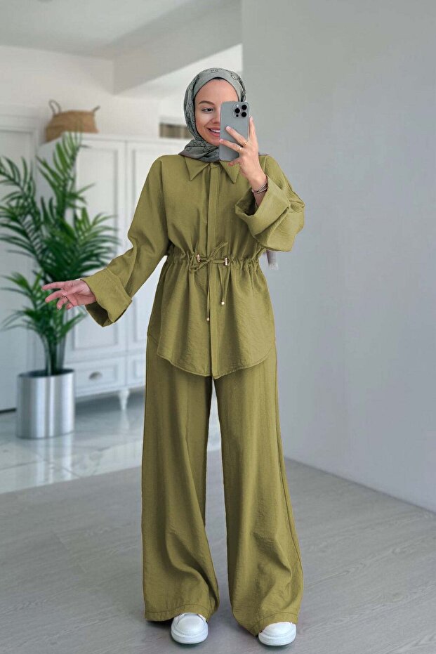 Relaxed Fit Drawstring Detailed Suit - Olive Green