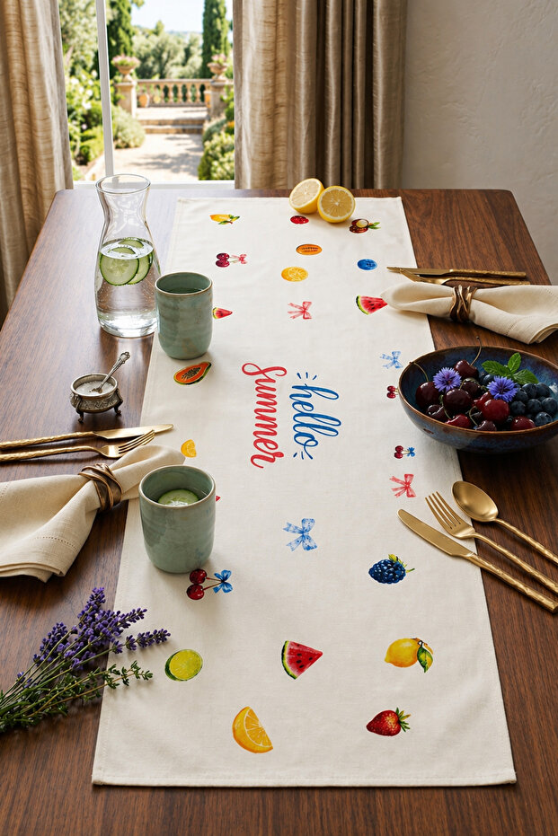 Hello Summer Summer Themed Runner Tablecloth 40X100 cm Canvas Fabric Fruit Patterned Decorative Runner