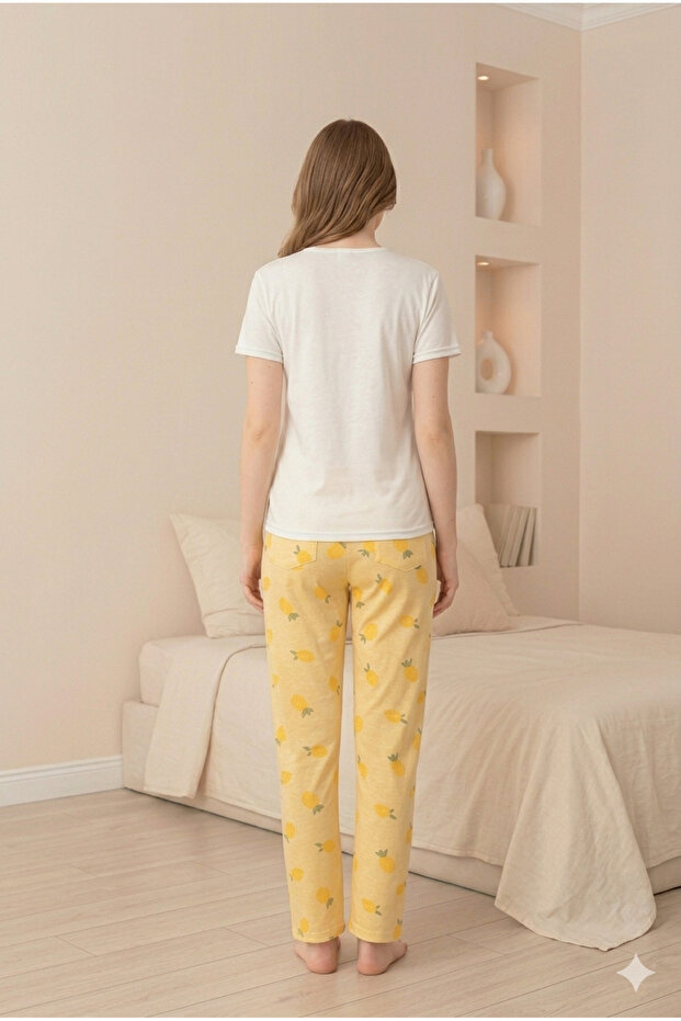 Printed Lemon Pattern Pajama Set Patterned Top and Bottom Set - 2