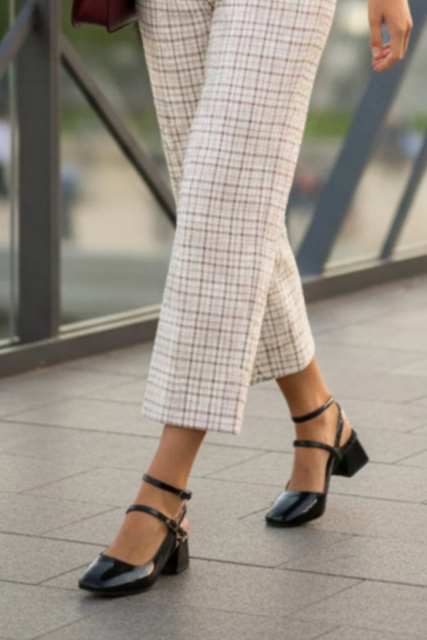 Black Mary Jane Open Back Square Toe Short Block Heeled Women's Shoes with Belt Detail