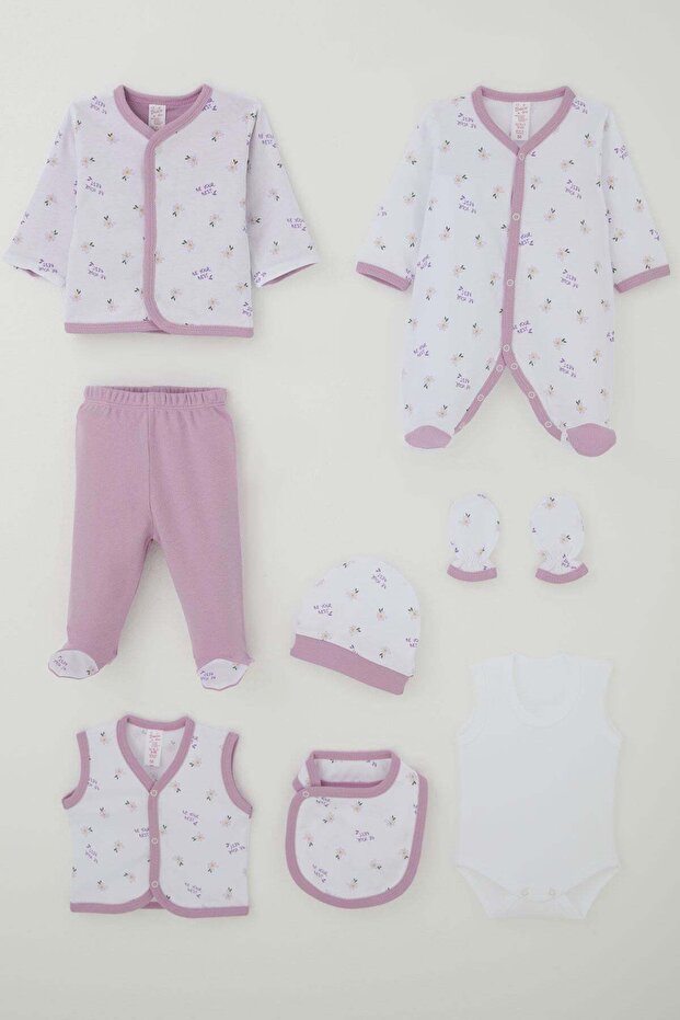 Baby Girl Hospital Release Set, 8 Pieces, Floral & Text Patterned, 0-3 Months, White