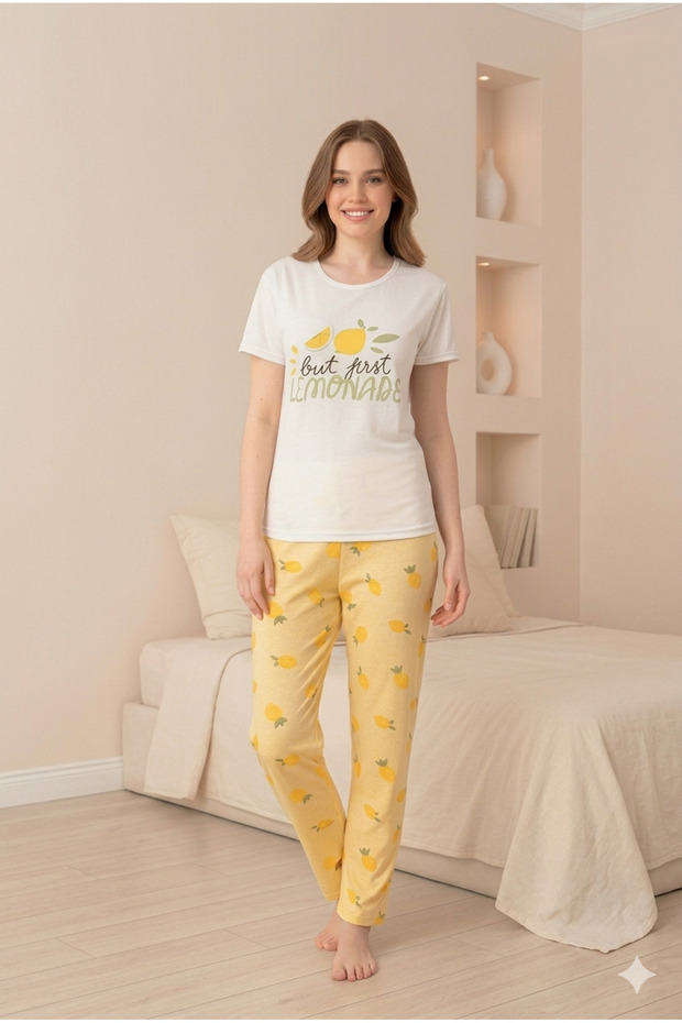 Printed Lemon Pattern Pajama Set Patterned Top and Bottom Set - 3