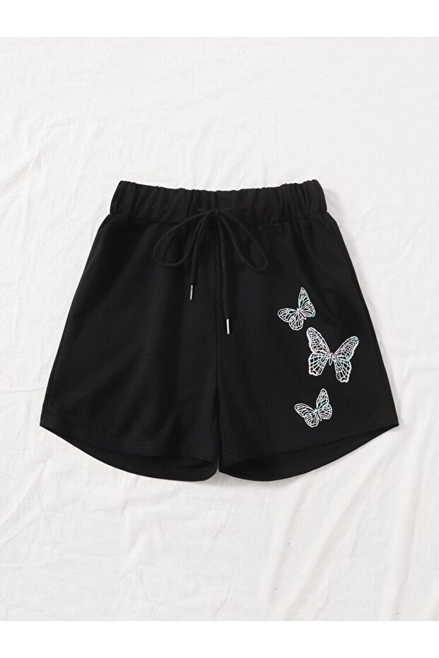Hanangiyim Black Shorts Printed Comfortable Fit Elastic Waist Daily Sports Summer