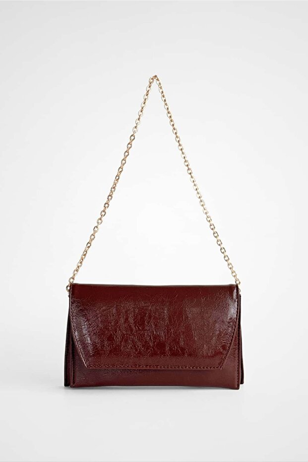 Chiara Brown Chain Detailed Shiny Mini Baguette Bag