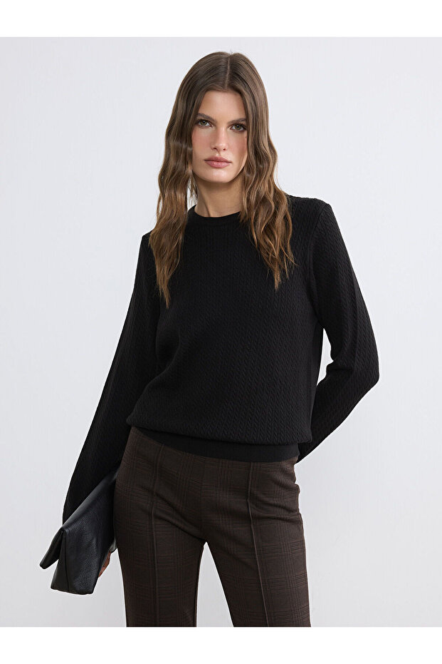 Lcw Everyday Black Crew Neck Patterned Women's Knitwear Sweater