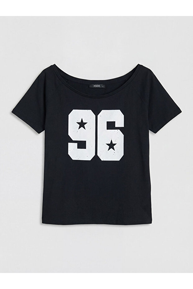 Black Boat Neck Printed Women's T-Shirt from Güli̇s Gi̇yi̇m