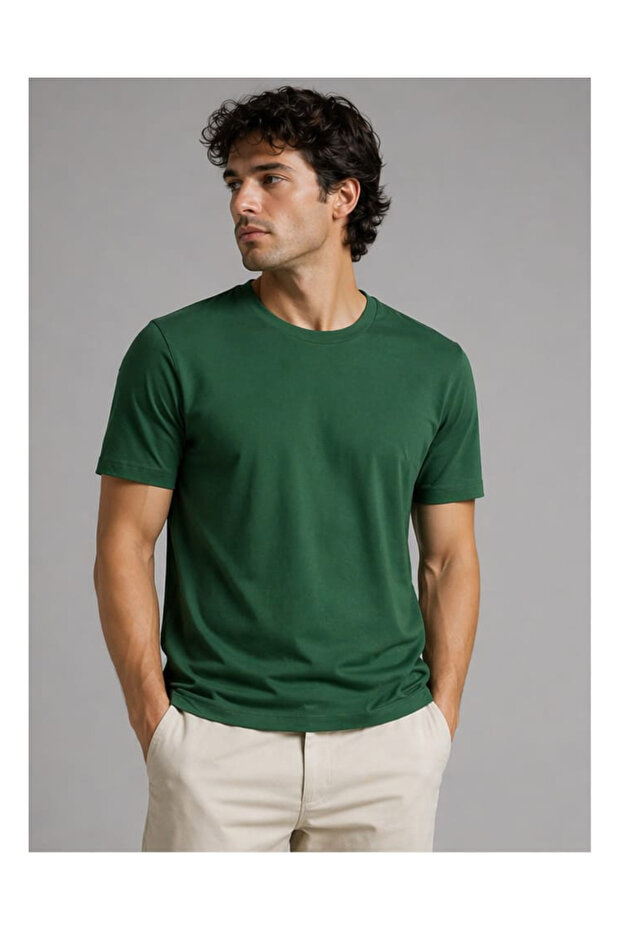 Unisex Men'S/Women's Green Cotton Crew Neck Basic T-Shirt