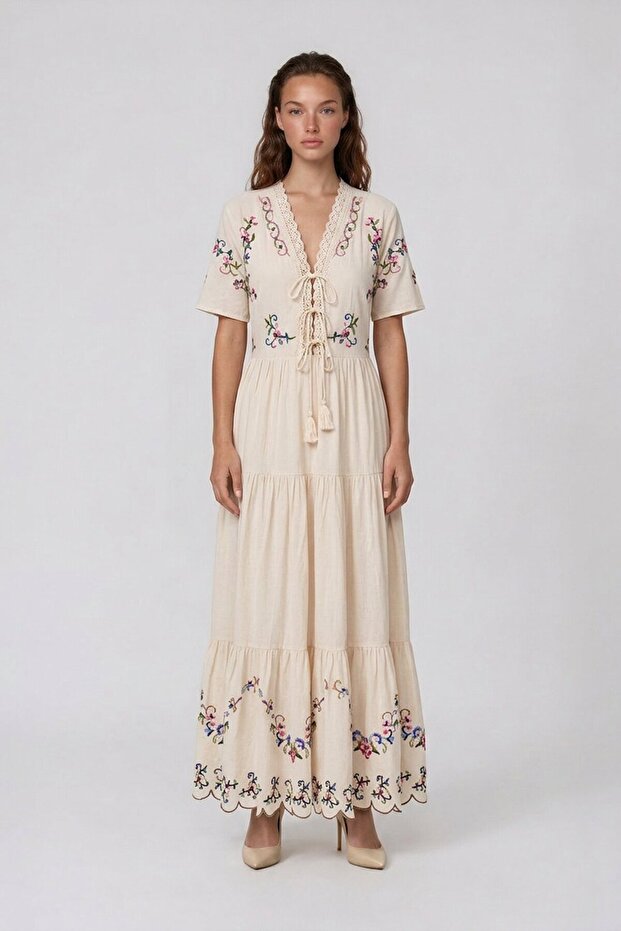 Embroidered V-Neck Tie Detailed Short Sleeve Midi Dress