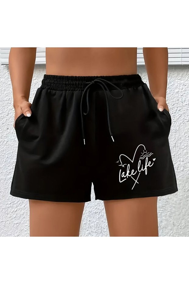 Hanangiyim Black Shorts Printed Comfortable Fit Elastic Waist Daily Sports Summer