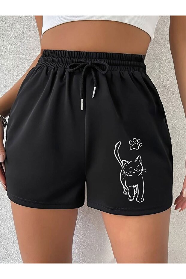 Hanangiyim Black Shorts Printed Comfortable Fit Elastic Waist Daily Sports Summer