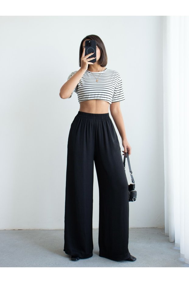 Crep Women's Silky Cupra Satin Wide Leg Pants Black – Elastic Waist, Comfortable Fit