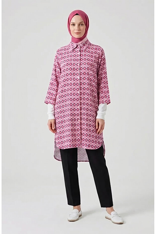 Geometric Patterned Buttoned Tunic 2256-01 Pink - 2