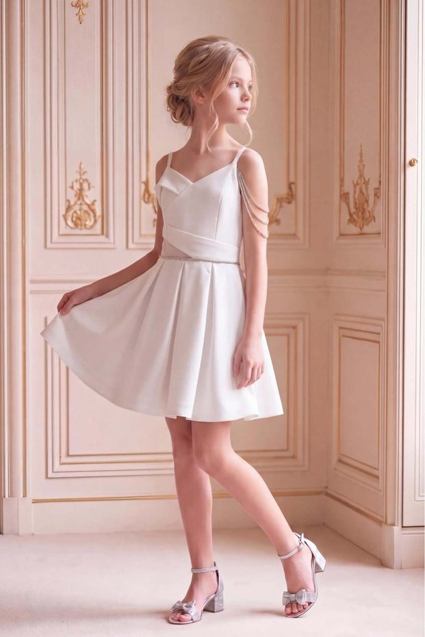 Girl's Cream Evening Dress Short Crepe One-Sleeve Chain Detailed Stylish Event Dress 10-15 Years Old