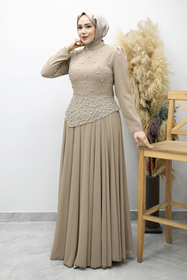 Chiffon Skirted Stoned Hijab Evening Dress Tsd260199 Mink