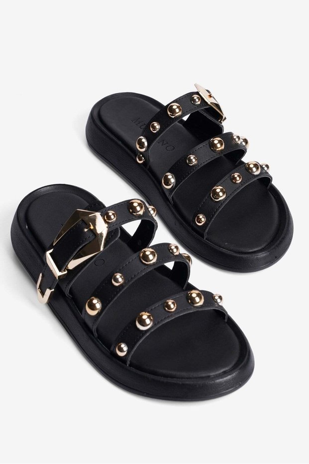 Women's Slippers with Straps, Gold Detailed Buckle, Daily Comfortable, Sidela Black