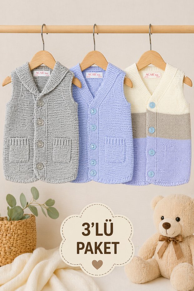 Unisex Baby Knitwear Vest 3-Pack Buttoned Sleeveless Baby Vest 6-24 Months ✦