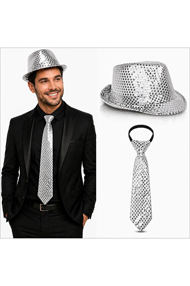 Silver Sequined Hat and Tie Set – Sparkling Party Combination