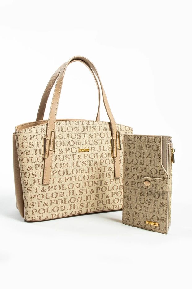 Original Women's Gray Camel Large Size 5-Compartment Shoulder Bag and Wallet Combination 234030Mh