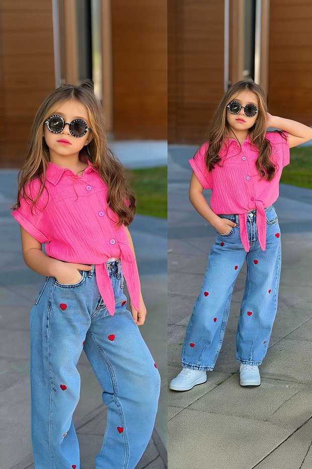 My Little One's Muslin Shirt and Jeans Girls' Set - Fuchsia