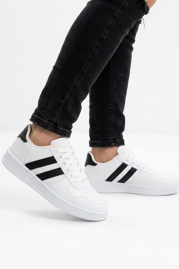 Mavise White Black Unisex Light Sole Two-Stripe Daily Lace-Up Sports Shoes