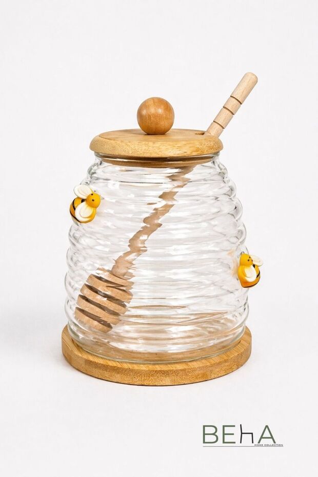 Glass Honey Jar 350 ml | Honey Storage Container with Wooden Lid and Spoon, Stylish Presentation Container with Bee Figure