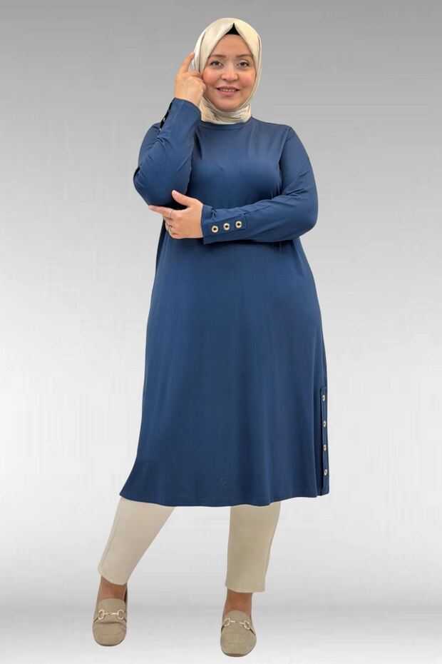 68029 Plus Size Combed Cotton Tunic with Eyelet Detail on the Sides - Petrol