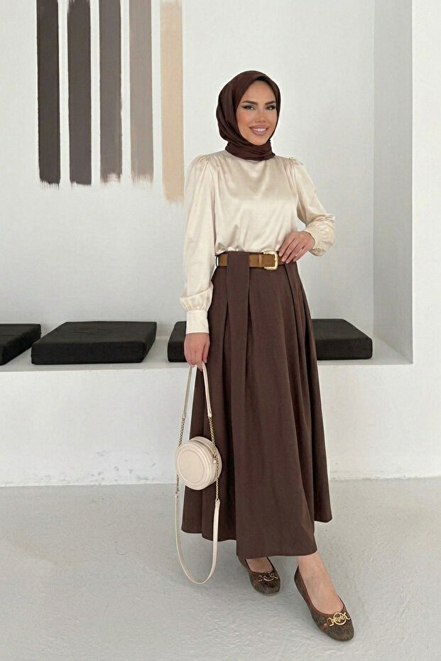 Modest Belted Pleated Maxi Woven Skirt