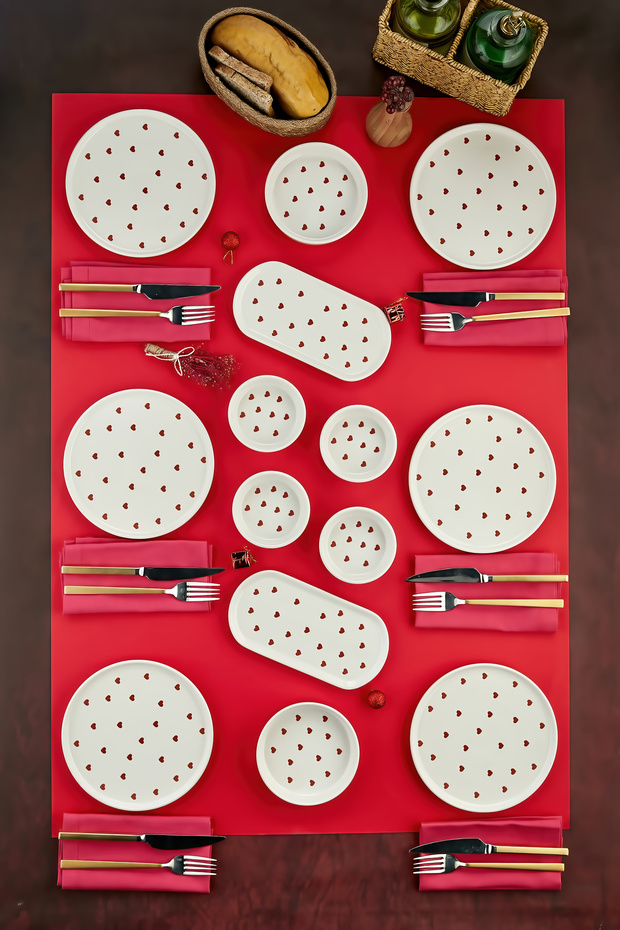 Red Heart 14-Piece Dowry Breakfast and Presentation Set Breakfast Set with Stylish Serving Plates
