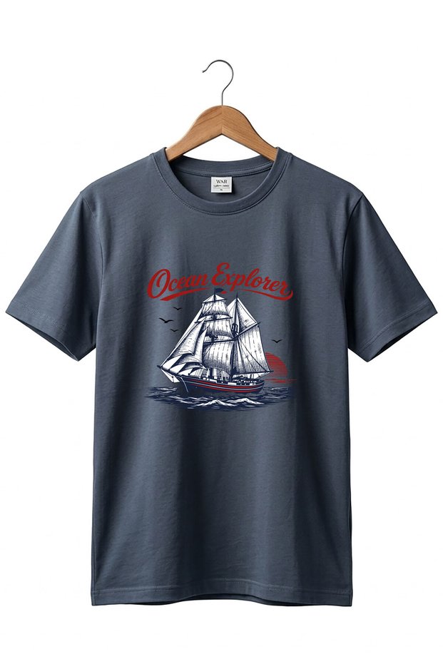 Unisex Vintage Sailing Ship Patterned Retro Ocean Explorer Ship Marine Printed Cotton Basic T-Shirt