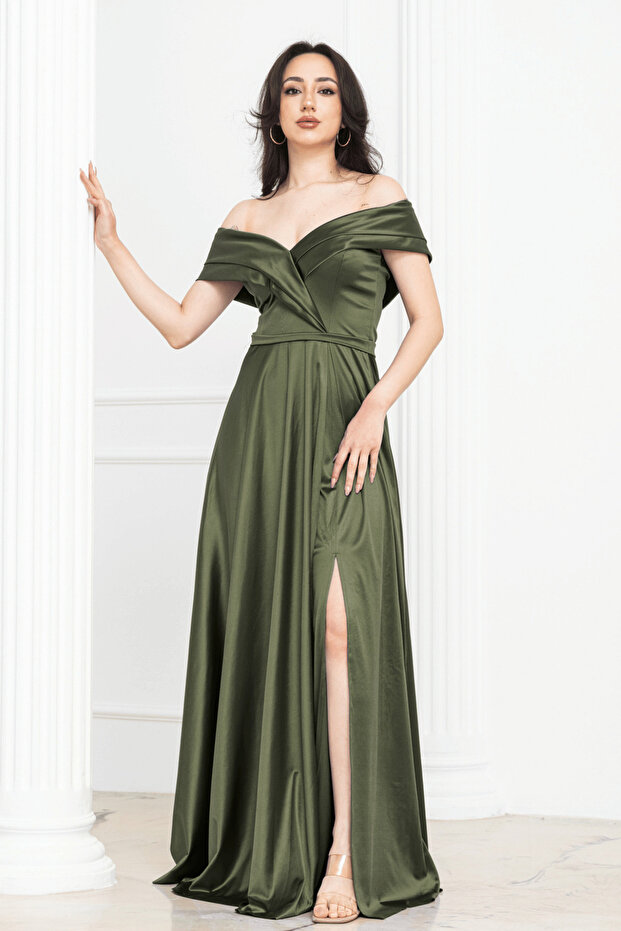 Boat Neck Long Satin Evening Dress - Khaki Green