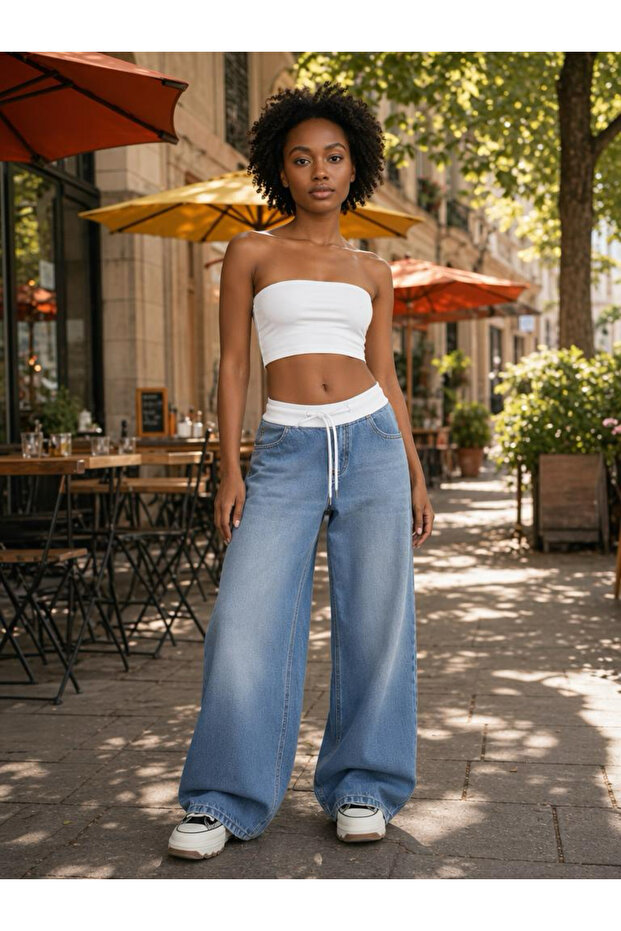 Alv Kar Mavi Elastic Waist Lace-Up Jeans Denim Loose Jean Palazzo Comfortable Fit Lycra-Free Trousers