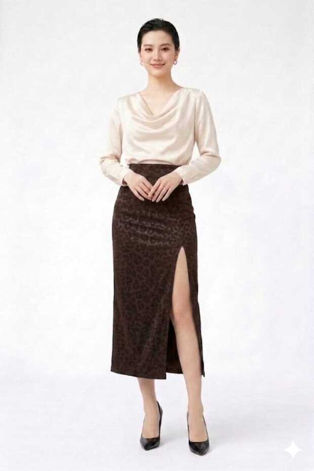 Leopard Patterned Slit Skirt with Elastic Waist in Lycra High Waist Midi Length Skirt