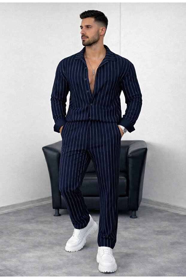 2-Piece Crepe Fabric Striped Shirt and Pants Set