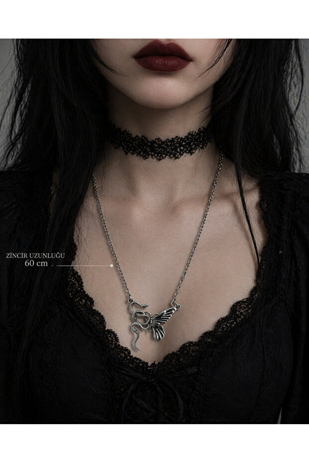 Gothic Snake Wing Figured Silver Color Unisex Necklace
