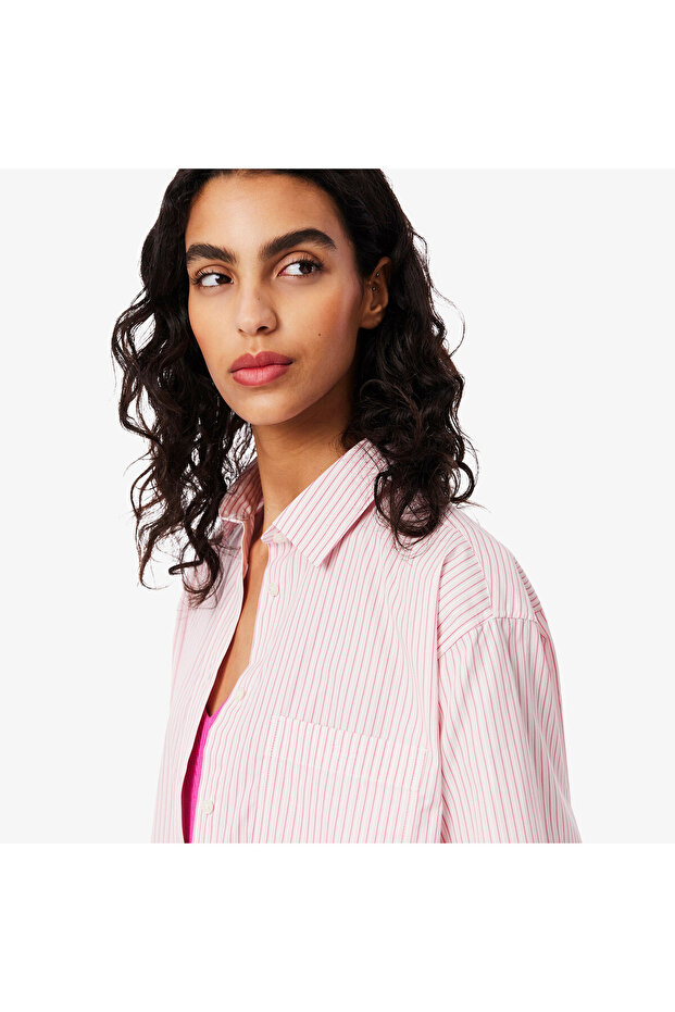 Kadın Oversize Fit Çizgili Pembe Gömlek - 2
