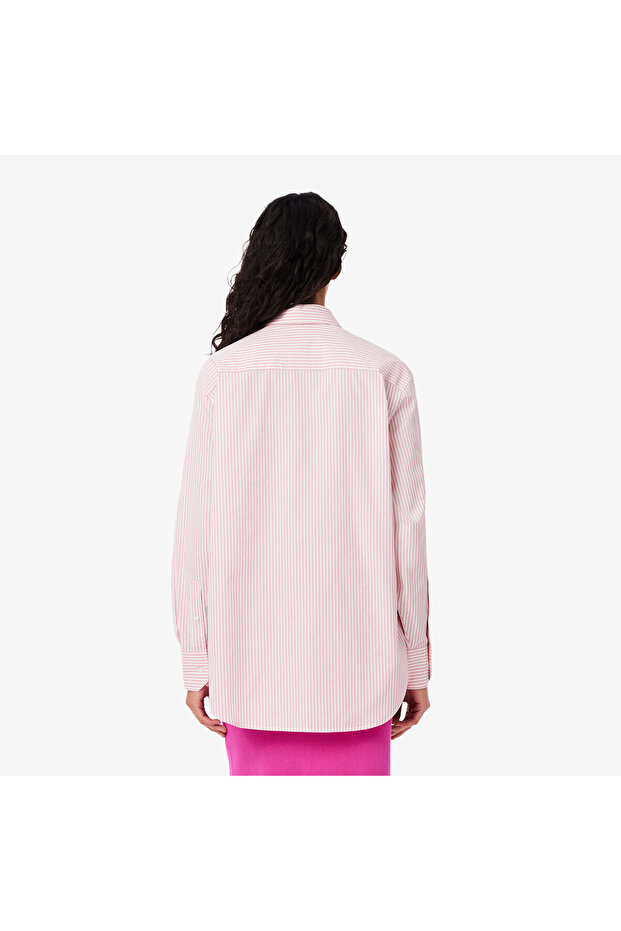 Kadın Oversize Fit Çizgili Pembe Gömlek - 3