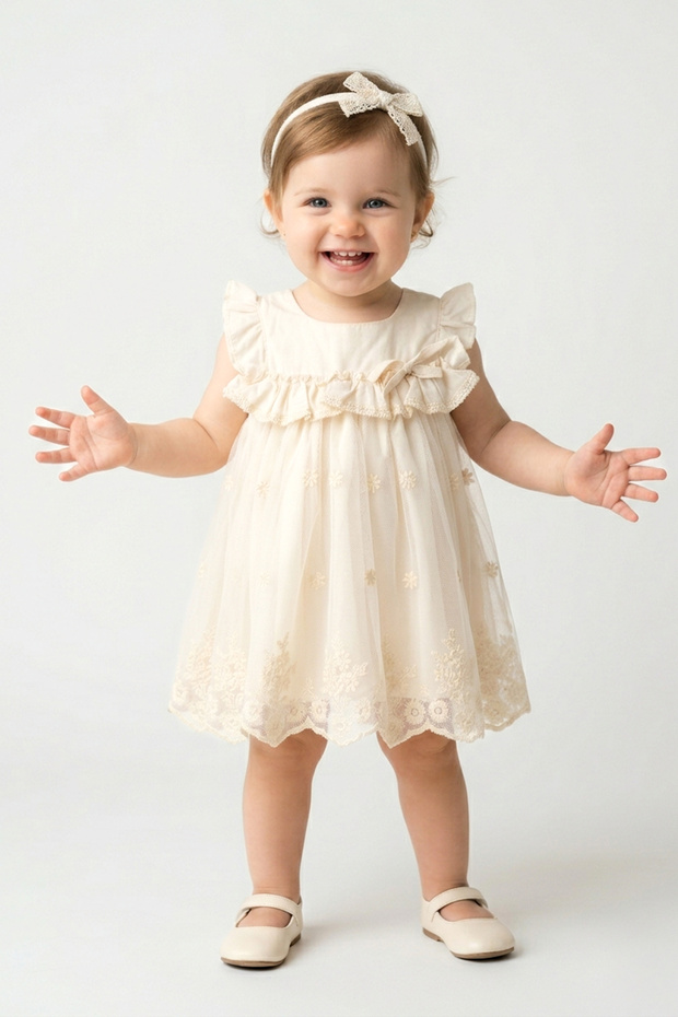 Baby Girl Birthday Party Wedding Ribbon Flower Embroidered Short Sleeve Sleeveless Tulle Collar