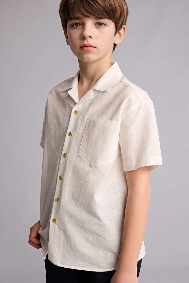 100% Cotton Regular Fit Apaş Collar Poplin Short Sleeve Shirt for Boys H5738A826Hs