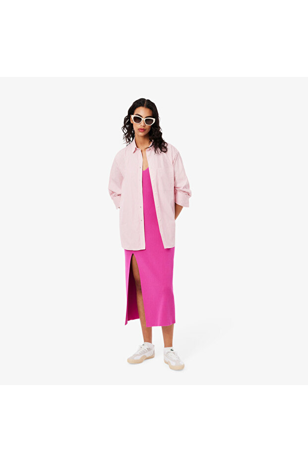 Kadın Oversize Fit Çizgili Pembe Gömlek - 5
