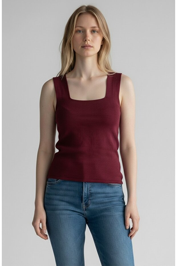 Women's Blouse Square Collar Wide Strap Burgundy Athlete Summer Lycra Bodysuit