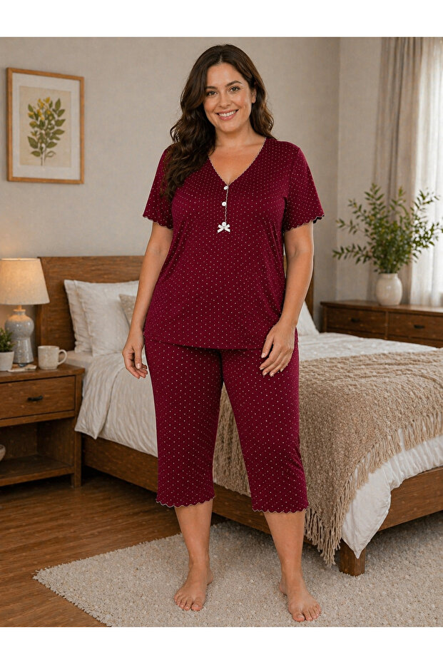 Women's Polka Dot Short Sleeve 100% Viscose Capri Pajama Set