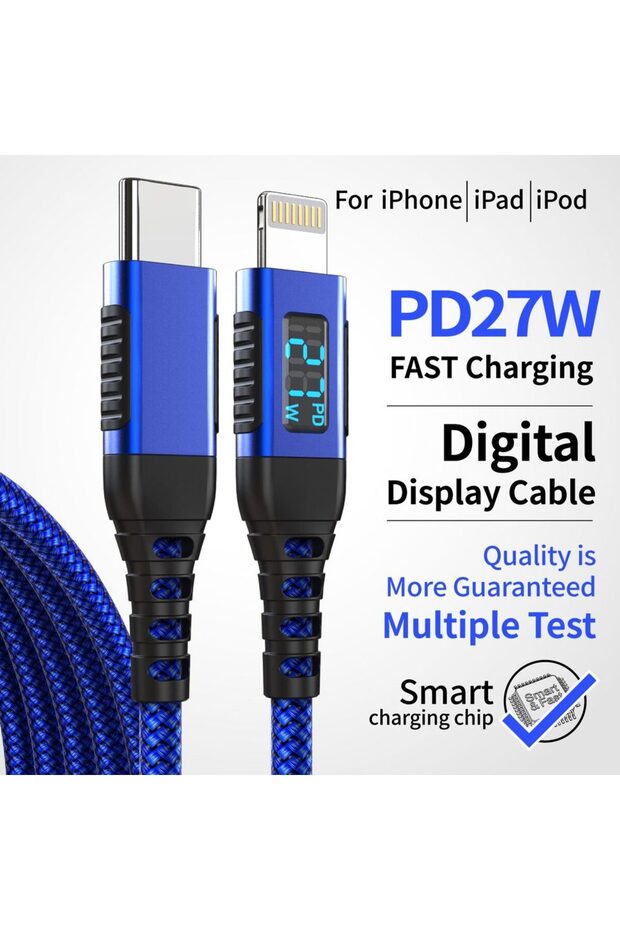 كابل شحن سريع USB-C إلى Lightning معتمد من MFi بطول 3 أمتار مع شاشة LED، شحن سريع بقدرة 27 واط