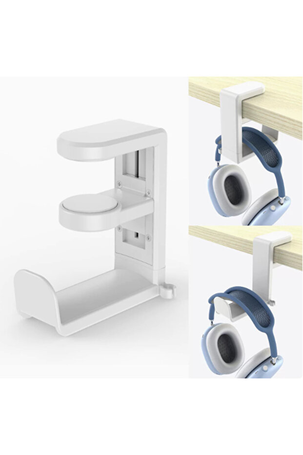 WHITE Under-Desk No-Drill Headphone Stand, 360-Degree Swivel Headphone Hanger, Foldable Headphone Ho