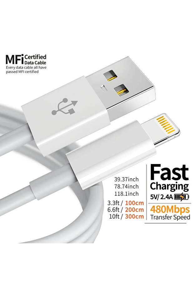 كابل بيانات USB إلى Lightning أبيض اللون بطول 2 متر، معتمد من MFI لهواتف آيفون 14 و13 و12 و11 برو ماكس بلس وXS وXR