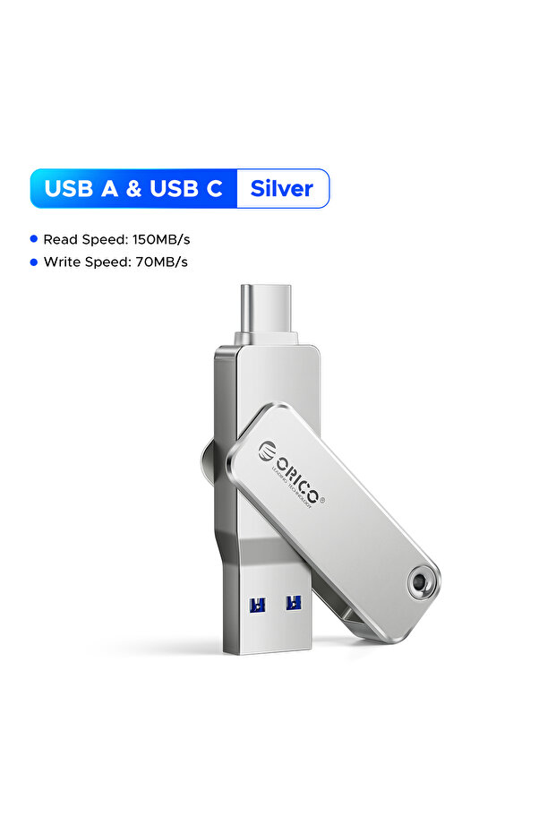 فلاش درايف أوريكو 64 جيجابايت 2 في 1 فضي، USB 3.2 الجيل الأول بسرعة 150 ميجابايت/ثانية، منفذ USB-C مزدوج و USB-A صغير